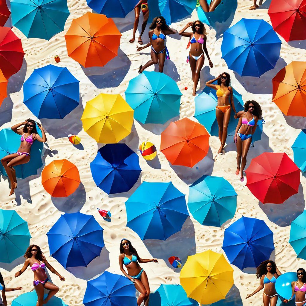 A vibrant beach scene featuring diverse models showcasing unique swimwear styles, from fashionable bikinis to edgy kinks, with colorful beach umbrellas, sun loungers, and beach balls. The sun is shining brightly, casting dynamic shadows and creating a lively atmosphere. The background includes cheerful beachgoers engaging in various summer activities, with splashes of water and bright blue skies enhancing the summer vibe. colorful illustration. bright colors. tropical theme.